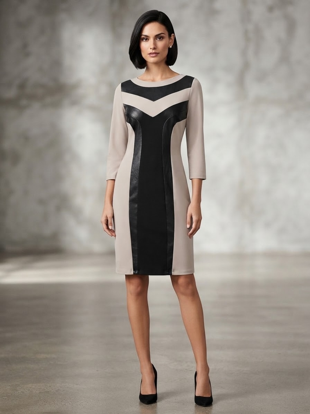 Taupe & Black Panel Midi Dress